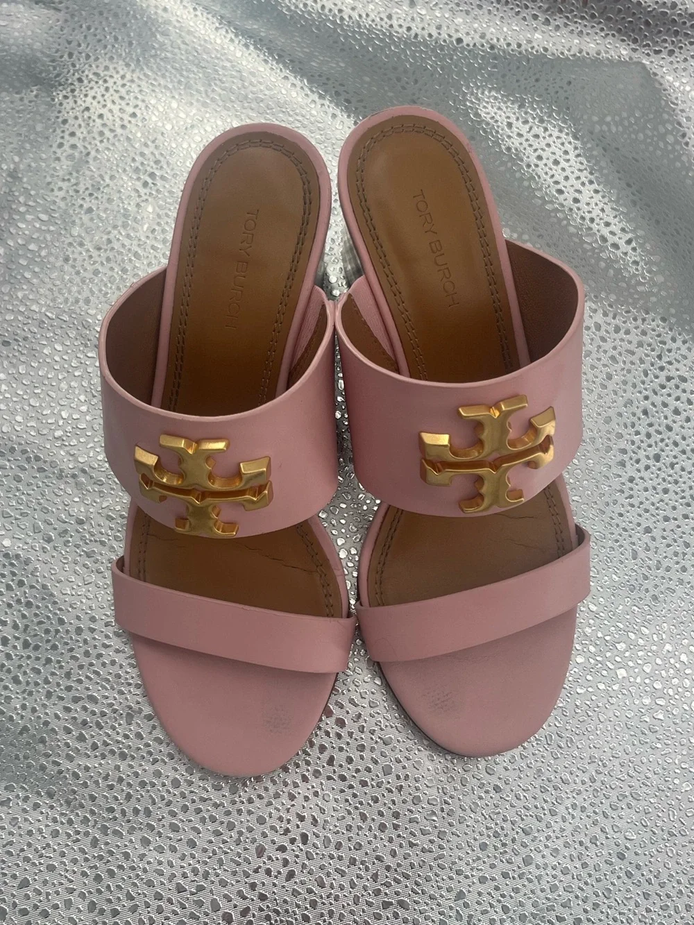 Tory Burch Pink Leather Gold Logo Block Heel Mules Size 5